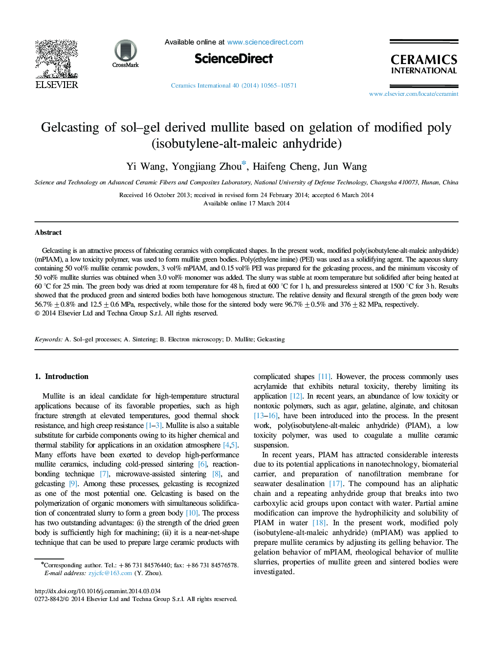 Gelcasting of sol–gel derived mullite based on gelation of modified poly(isobutylene-alt-maleic anhydride)