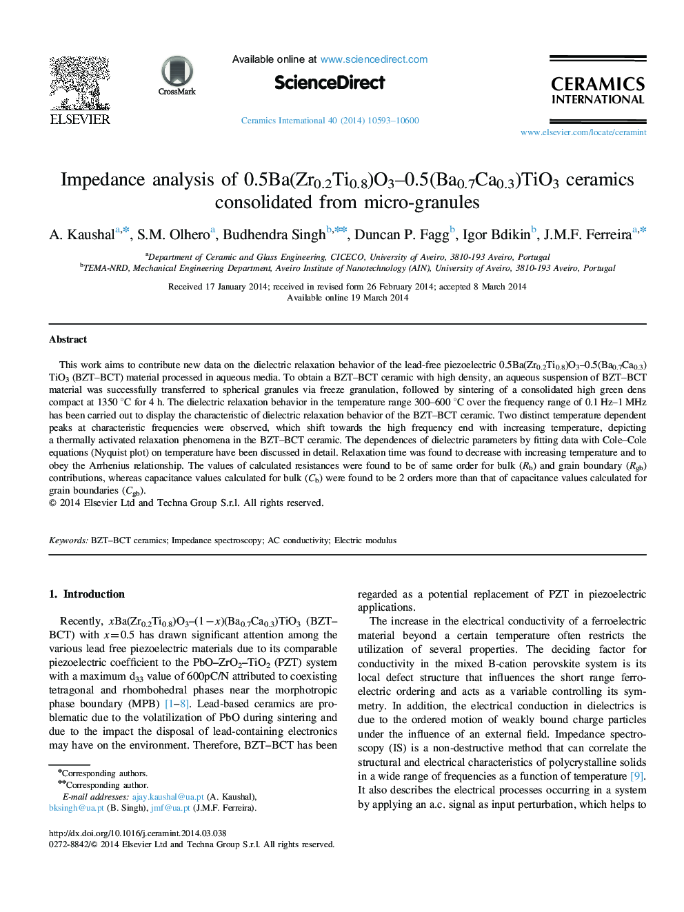 Impedance analysis of 0.5Ba(Zr0.2Ti0.8)O3–0.5(Ba0.7Ca0.3)TiO3 ceramics consolidated from micro-granules