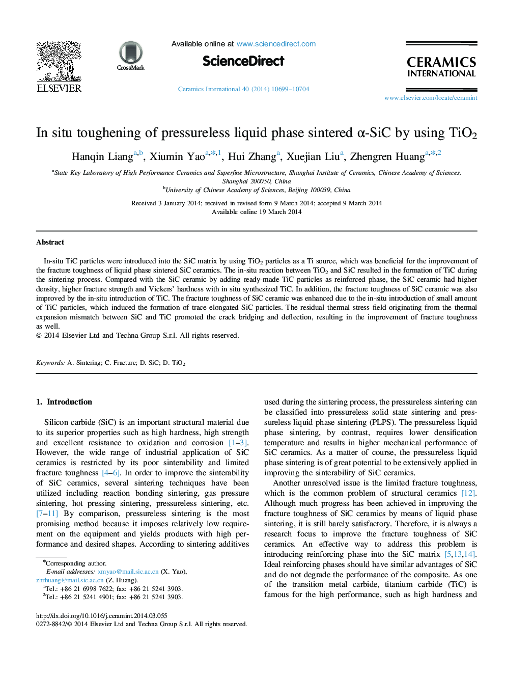 In situ toughening of pressureless liquid phase sintered α-SiC by using TiO2