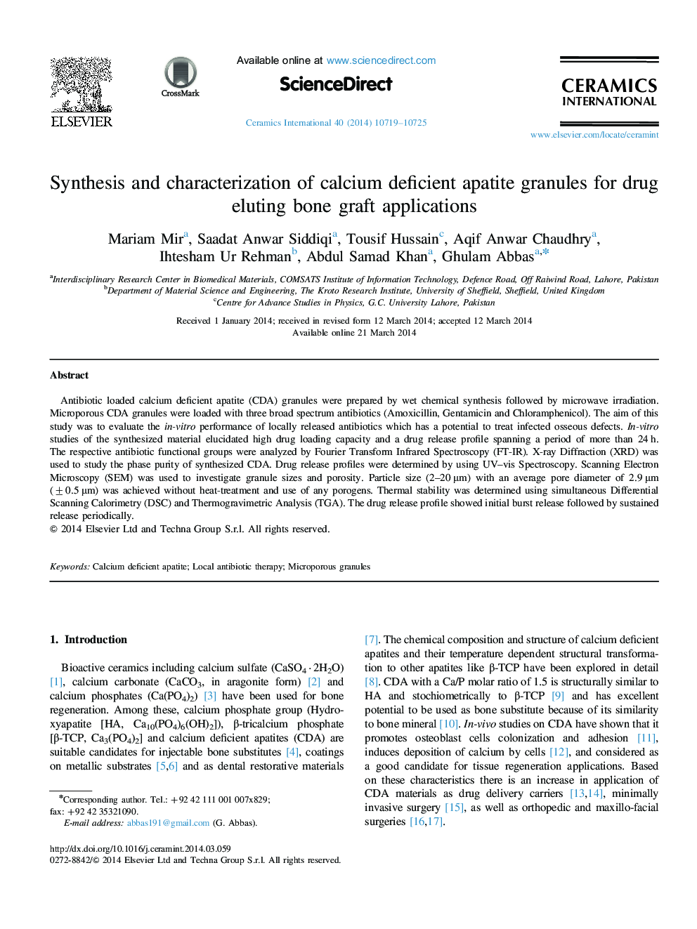 Synthesis and characterization of calcium deficient apatite granules for drug eluting bone graft applications