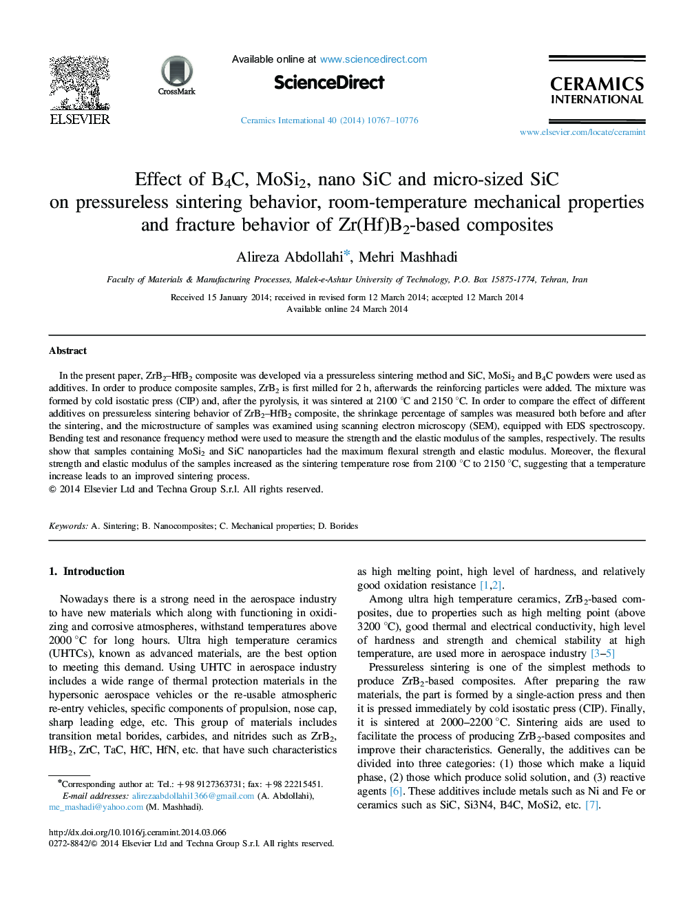 Effect of B4C, MoSi2, nano SiC and micro-sized SiC on pressureless sintering behavior, room-temperature mechanical properties and fracture behavior of Zr(Hf)B2-based composites