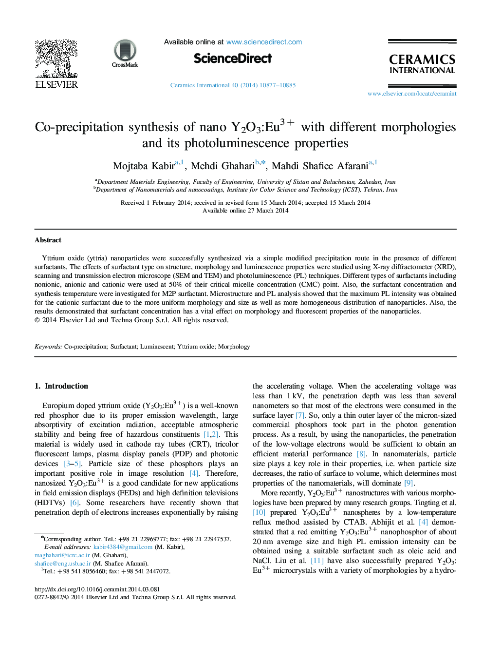 Co-precipitation synthesis of nano Y2O3:Eu3+ with different morphologies and its photoluminescence properties