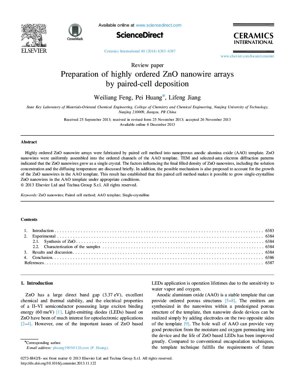 Preparation of highly ordered ZnO nanowire arrays by paired-cell deposition