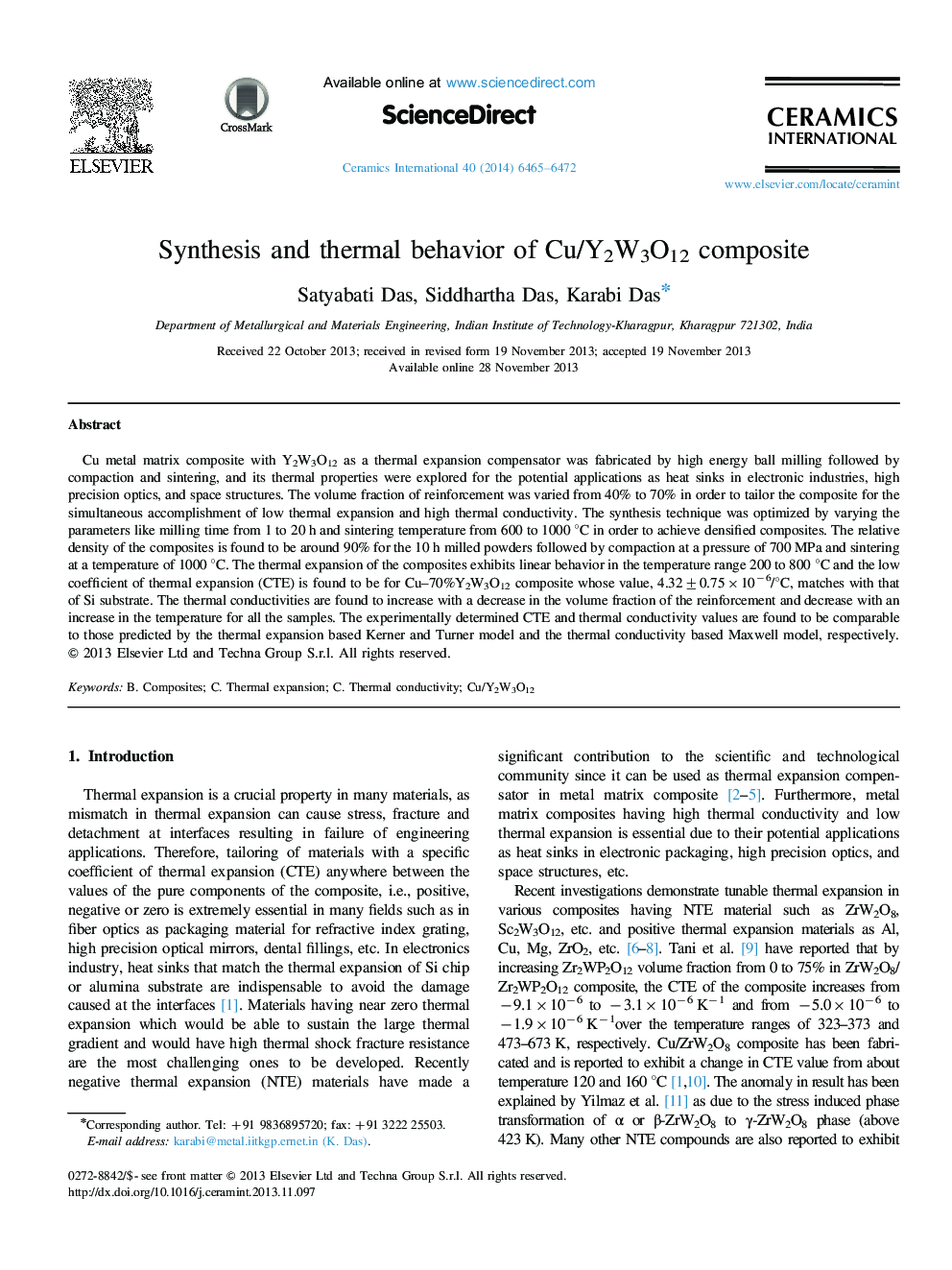 Synthesis and thermal behavior of Cu/Y2W3O12 composite