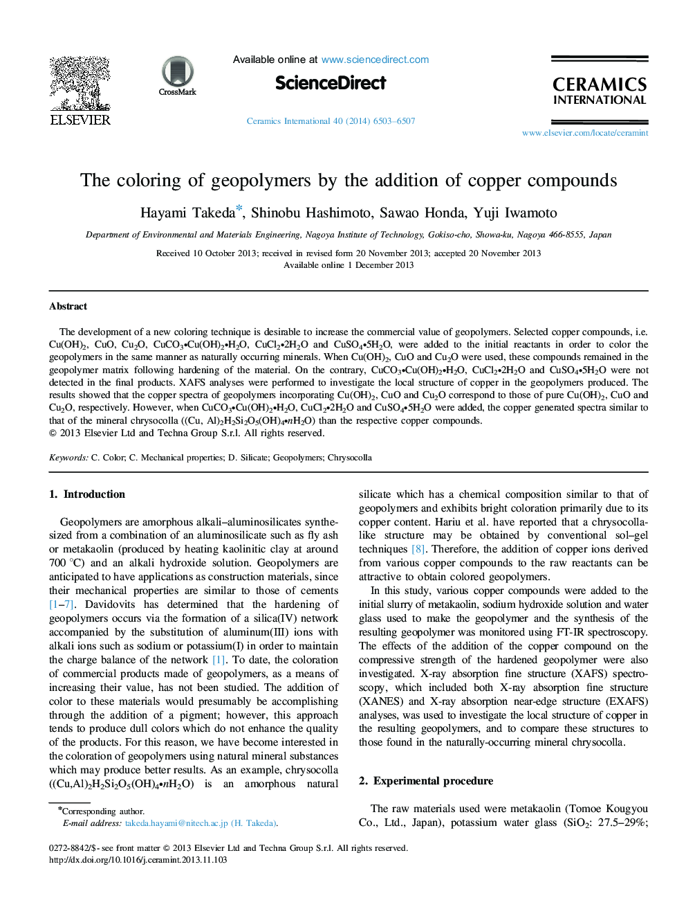 The coloring of geopolymers by the addition of copper compounds