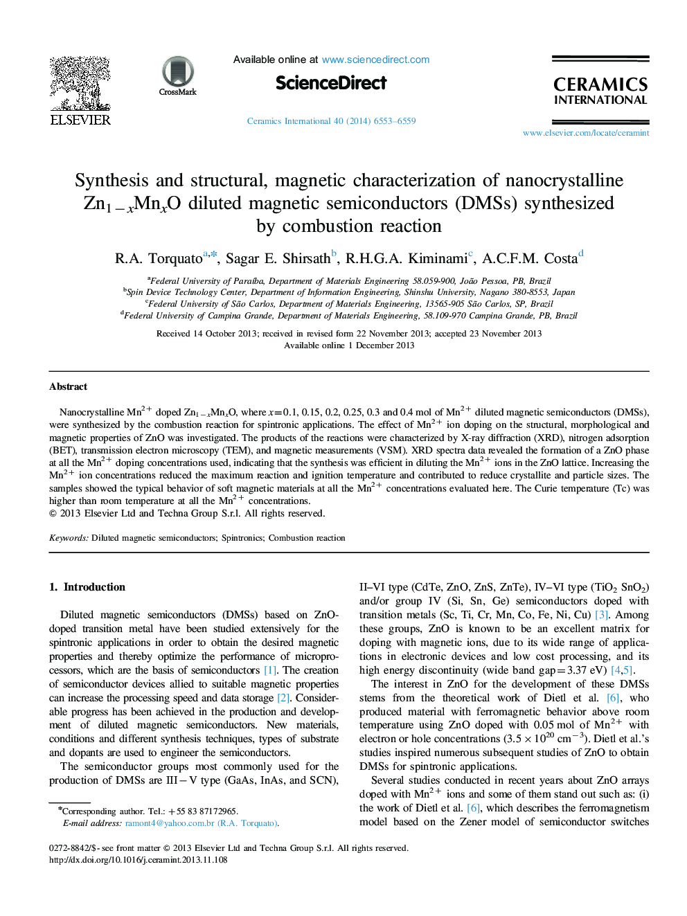 Synthesis and structural, magnetic characterization of nanocrystalline Zn1−xMnxO diluted magnetic semiconductors (DMSs) synthesized by combustion reaction