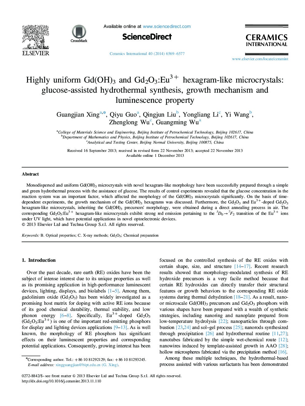 Highly uniform Gd(OH)3 and Gd2O3:Eu3+ hexagram-like microcrystals: glucose-assisted hydrothermal synthesis, growth mechanism and luminescence property