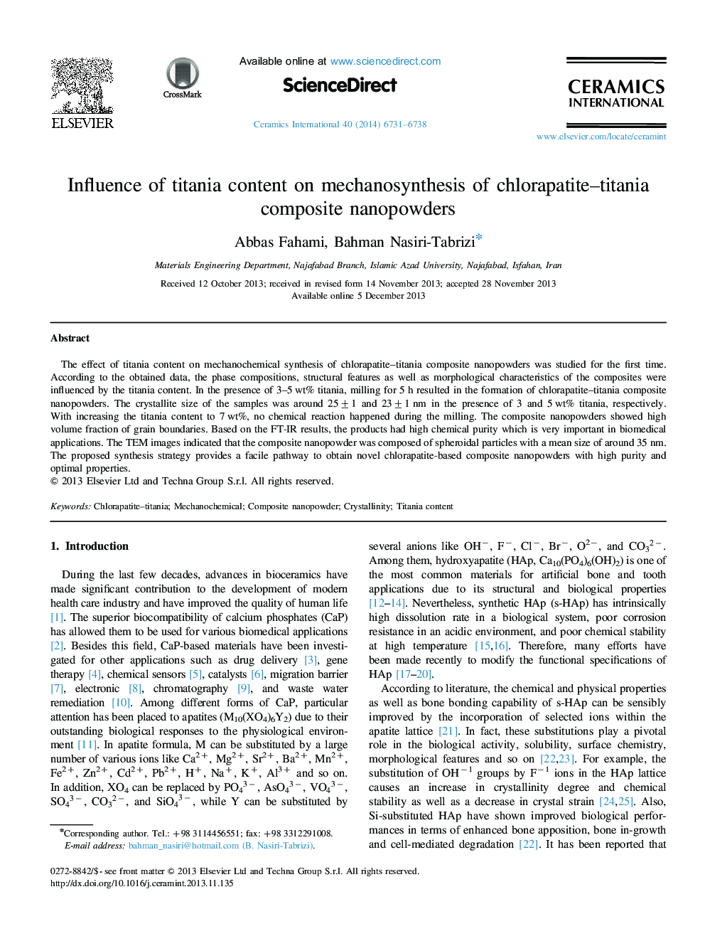 Influence of titania content on mechanosynthesis of chlorapatite–titania composite nanopowders