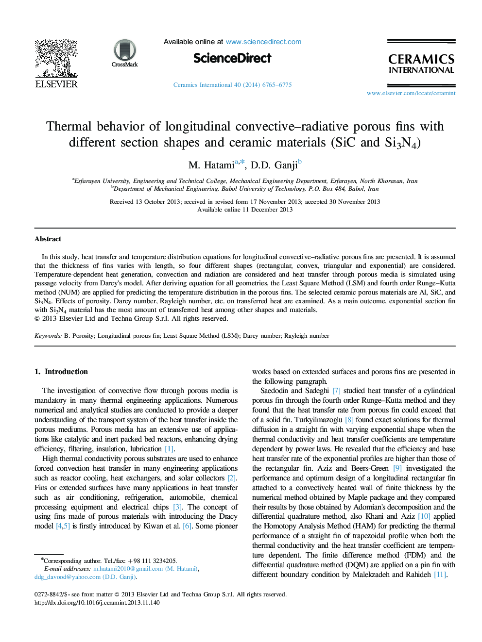 Thermal behavior of longitudinal convective–radiative porous fins with different section shapes and ceramic materials (SiC and Si3N4)