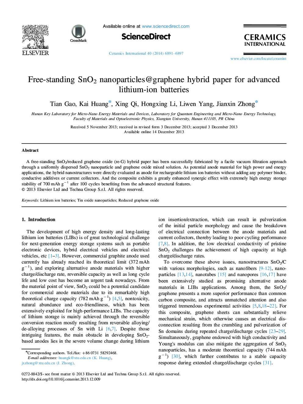 Free-standing SnO2 nanoparticles@graphene hybrid paper for advanced lithium-ion batteries