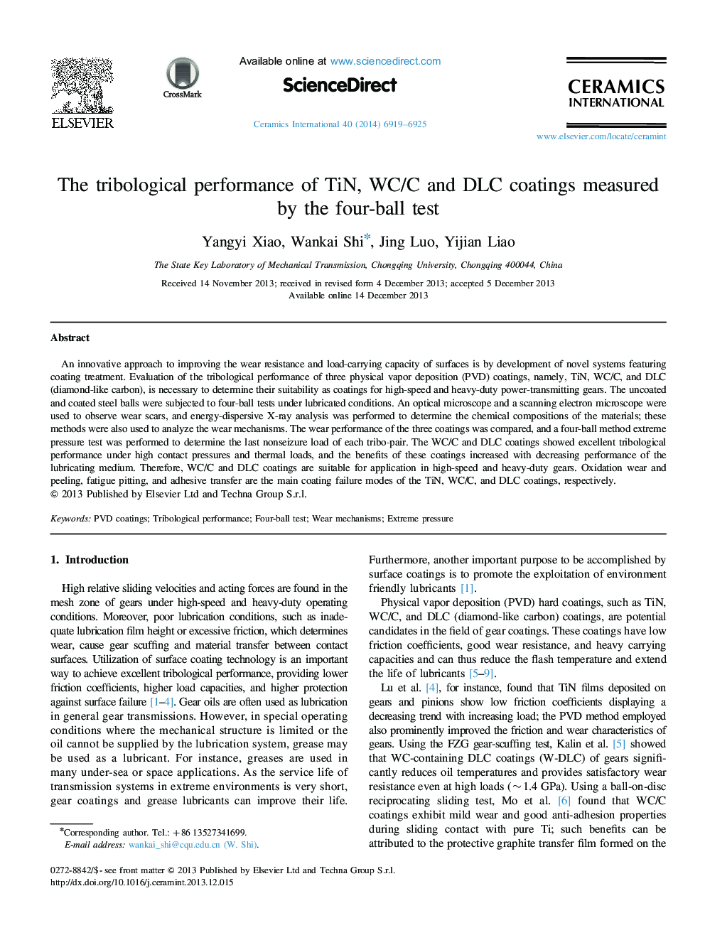 The tribological performance of TiN, WC/C and DLC coatings measured by the four-ball test