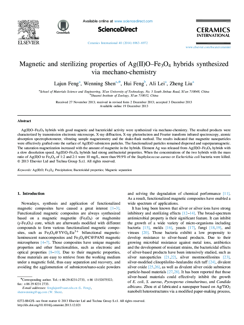 Magnetic and sterilizing properties of Ag(II)O-Fe3O4 hybrids synthesized via mechano-chemistry