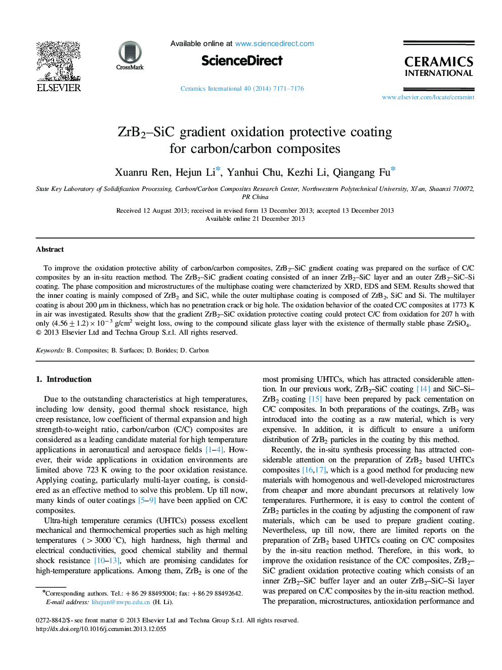 ZrB2–SiC gradient oxidation protective coating for carbon/carbon composites