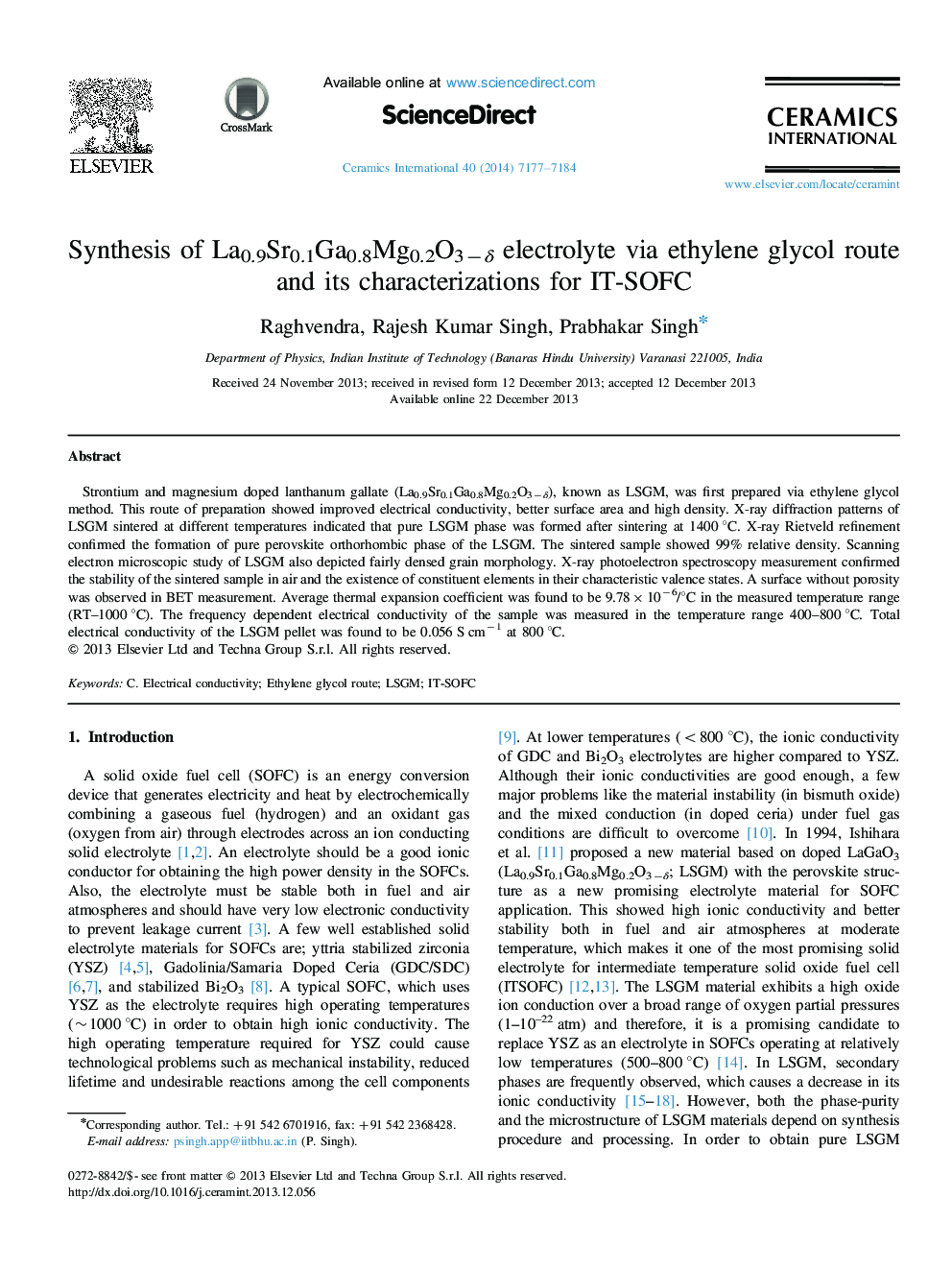 Synthesis of La0.9Sr0.1Ga0.8Mg0.2O3−δ electrolyte via ethylene glycol route and its characterizations for IT-SOFC