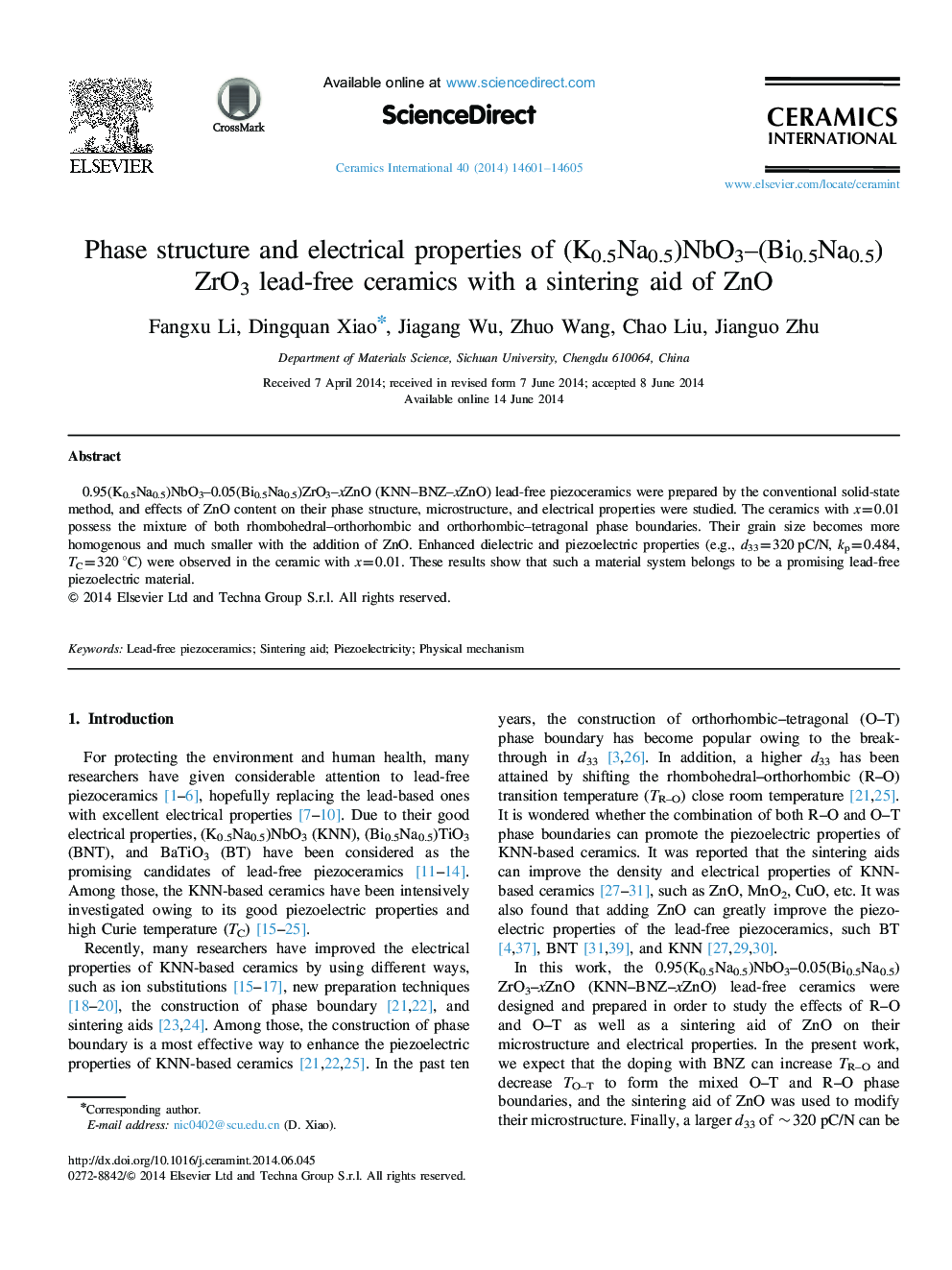 Phase structure and electrical properties of (K0.5Na0.5)NbO3–(Bi0.5Na0.5)ZrO3 lead-free ceramics with a sintering aid of ZnO