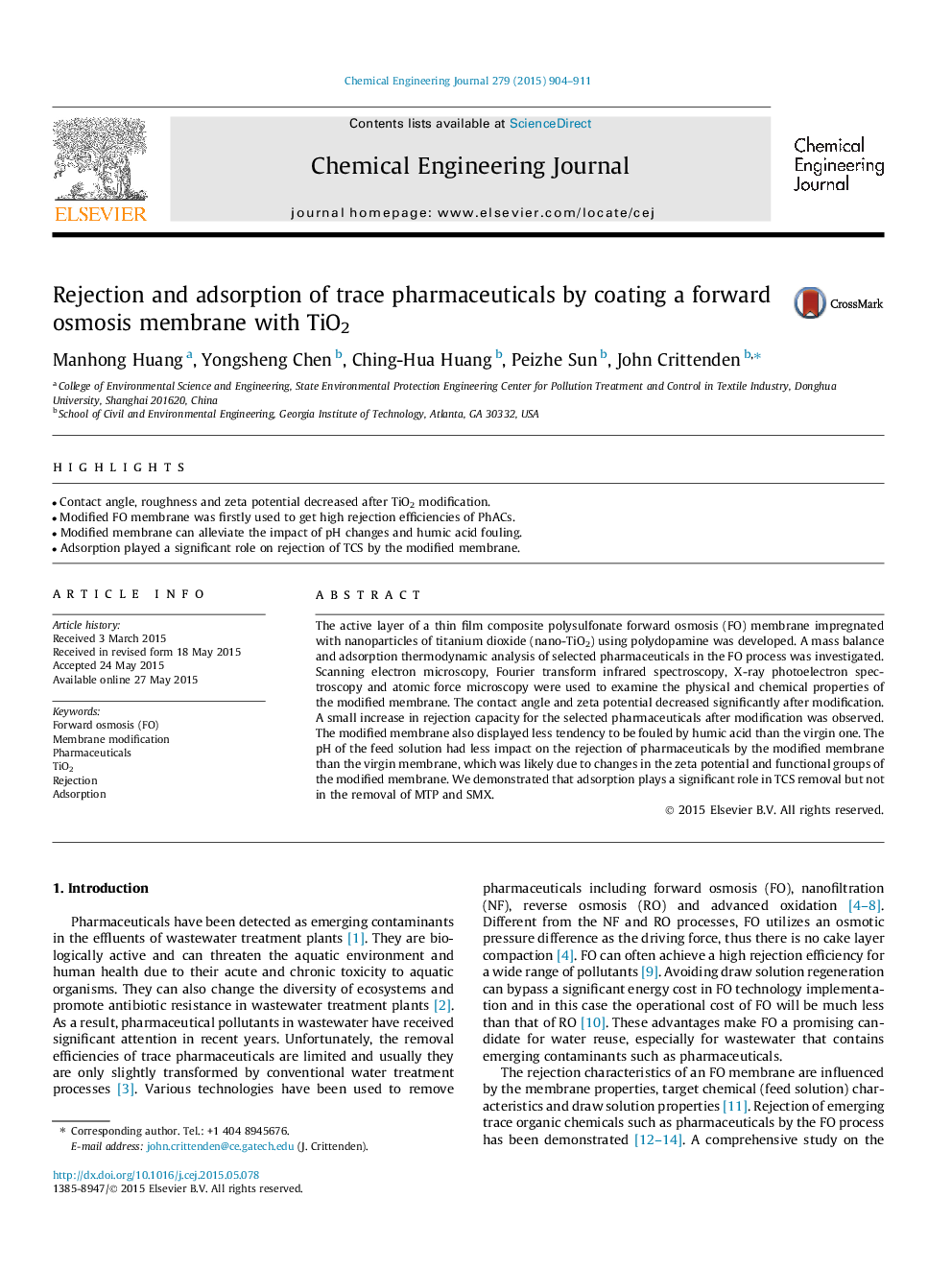 Rejection and adsorption of trace pharmaceuticals by coating a forward osmosis membrane with TiO2