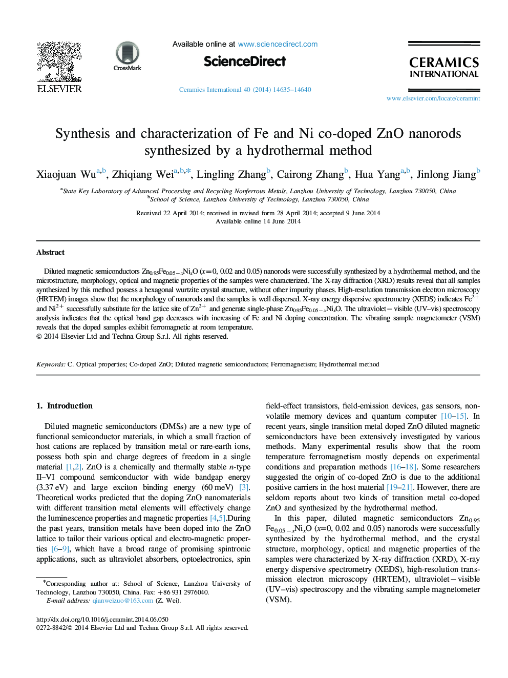 Synthesis and characterization of Fe and Ni co-doped ZnO nanorods synthesized by a hydrothermal method