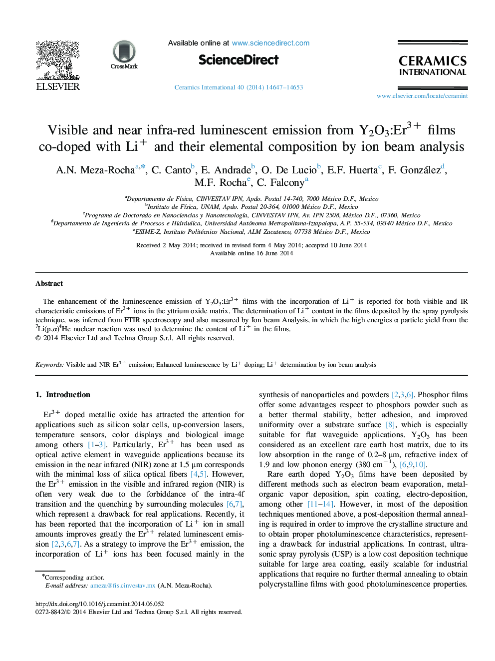 Visible and near infra-red luminescent emission from Y2O3:Er3+ films co-doped with Li+ and their elemental composition by ion beam analysis