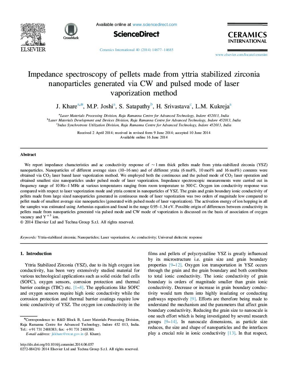 Impedance spectroscopy of pellets made from yttria stabilized zirconia nanoparticles generated via CW and pulsed mode of laser vaporization method