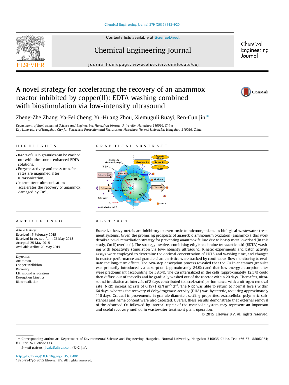 A novel strategy for accelerating the recovery of an anammox reactor inhibited by copper(II): EDTA washing combined with biostimulation via low-intensity ultrasound