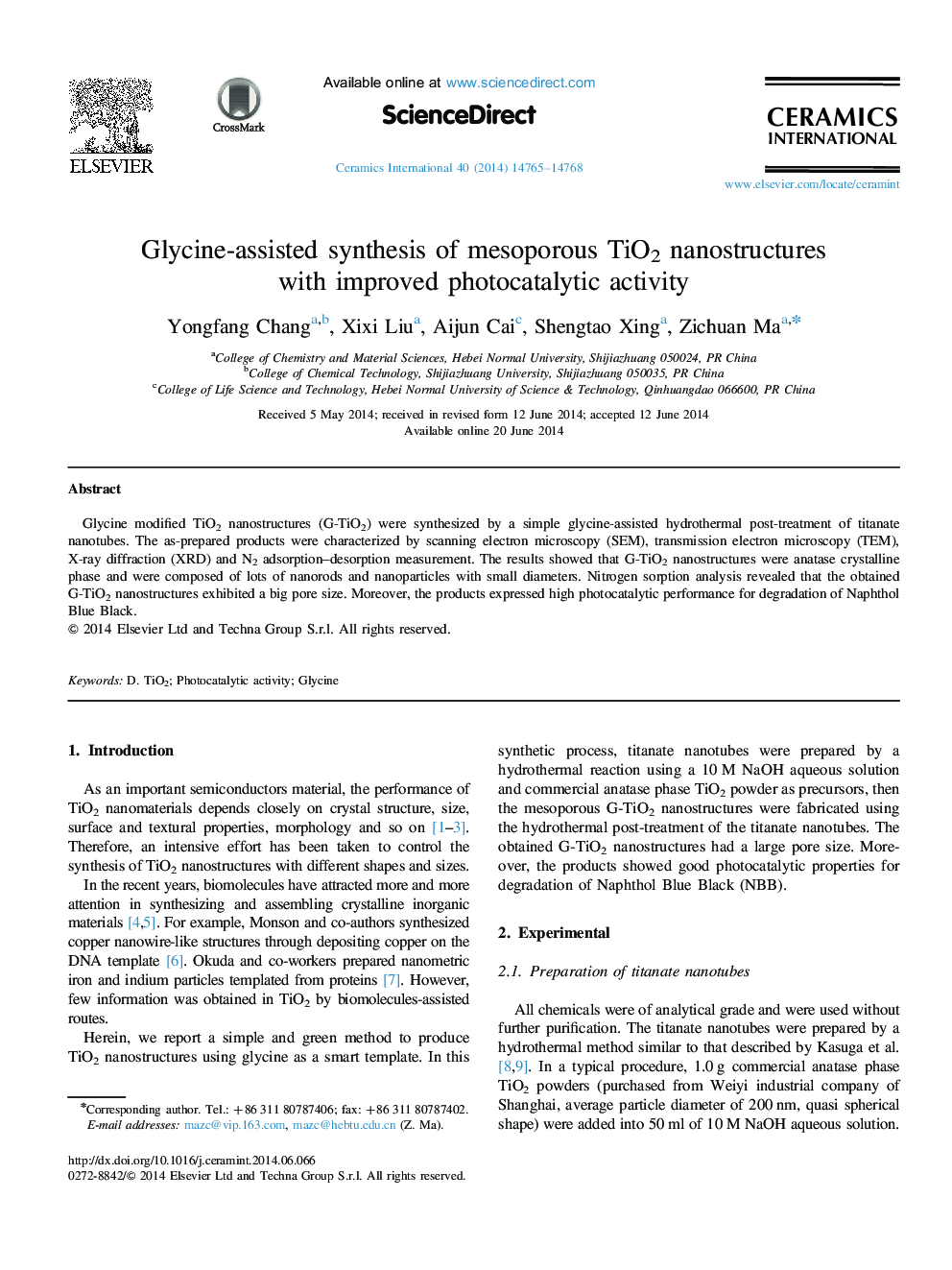 Glycine-assisted synthesis of mesoporous TiO2 nanostructures with improved photocatalytic activity