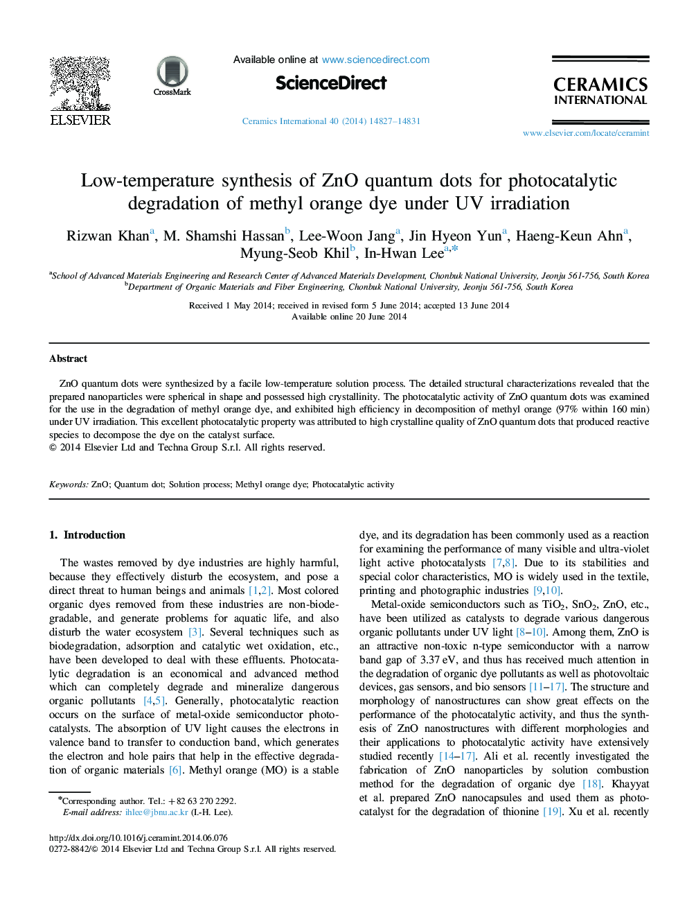 Low-temperature synthesis of ZnO quantum dots for photocatalytic degradation of methyl orange dye under UV irradiation