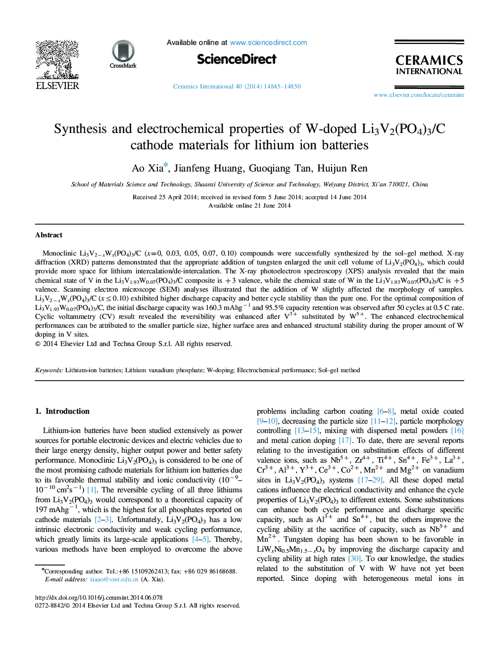 Synthesis and electrochemical properties of W-doped Li3V2(PO4)3/C cathode materials for lithium ion batteries