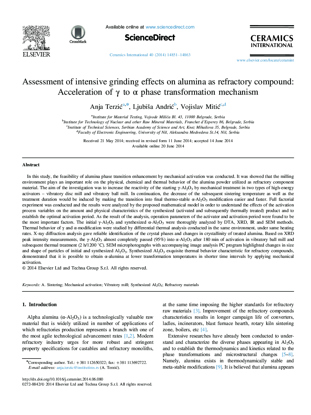 Assessment of intensive grinding effects on alumina as refractory compound: Acceleration of γ to α phase transformation mechanism