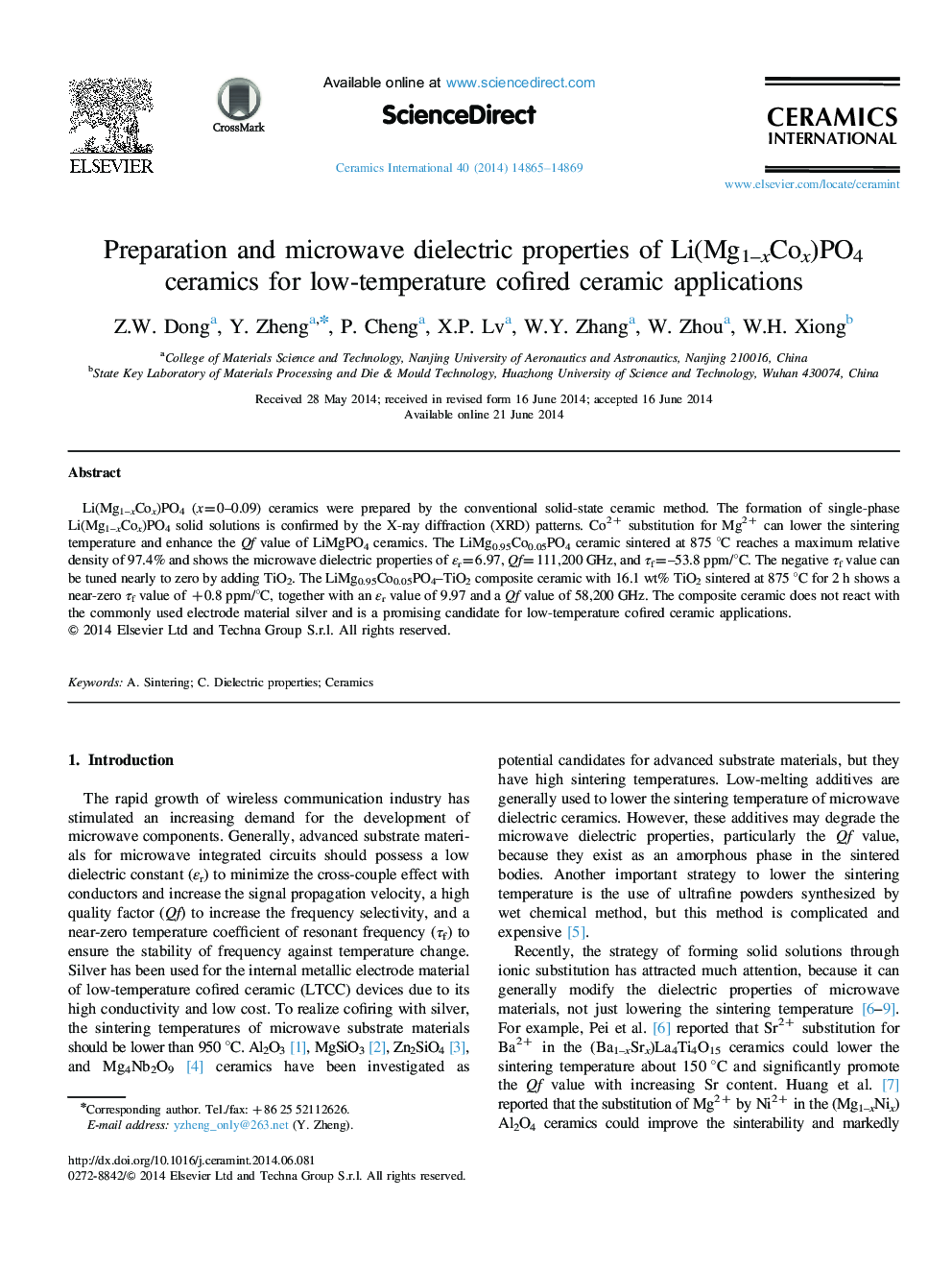 Preparation and microwave dielectric properties of Li(Mg1-xCox)PO4 ceramics for low-temperature cofired ceramic applications