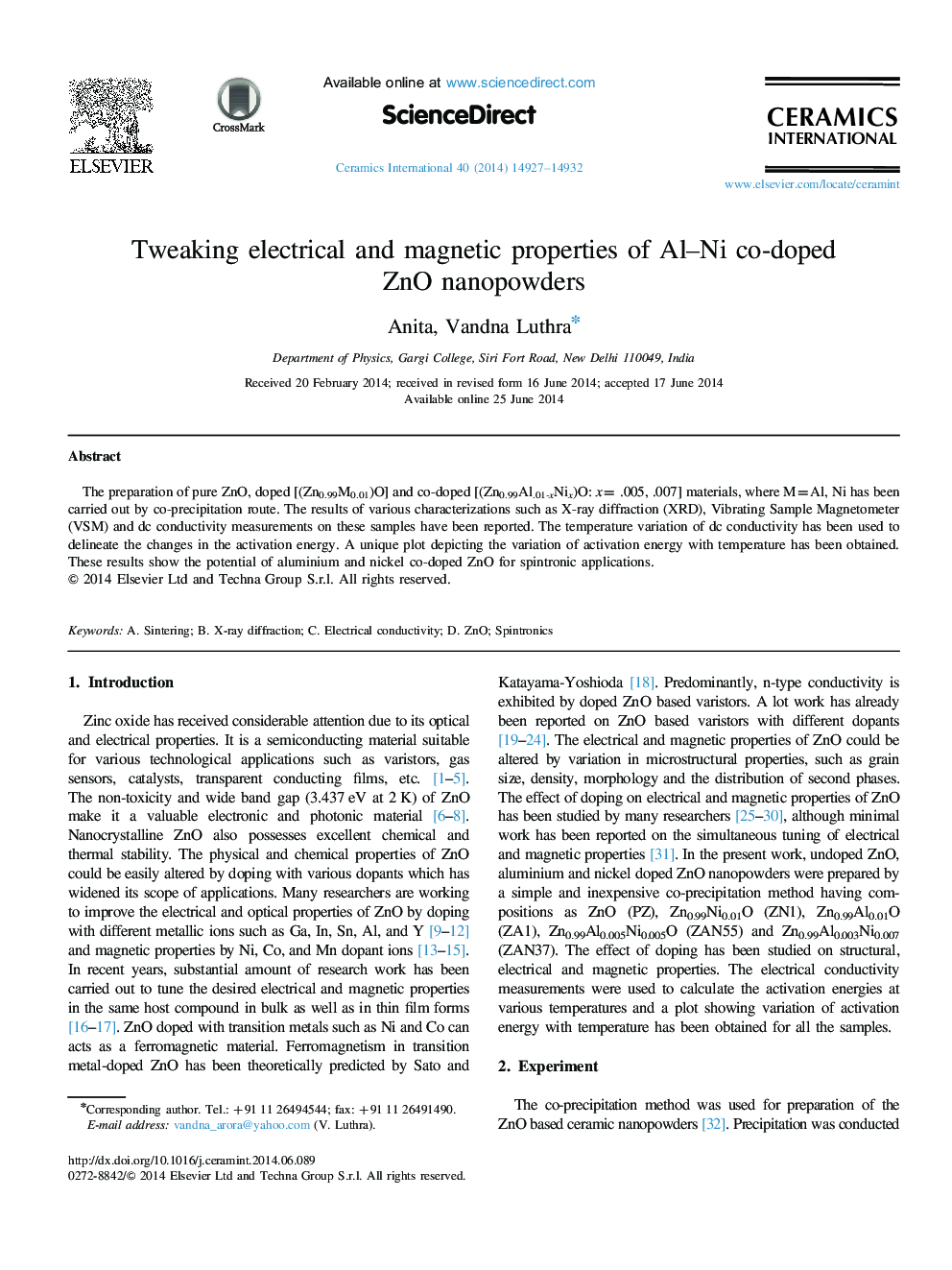 Tweaking electrical and magnetic properties of Al–Ni co-doped ZnO nanopowders