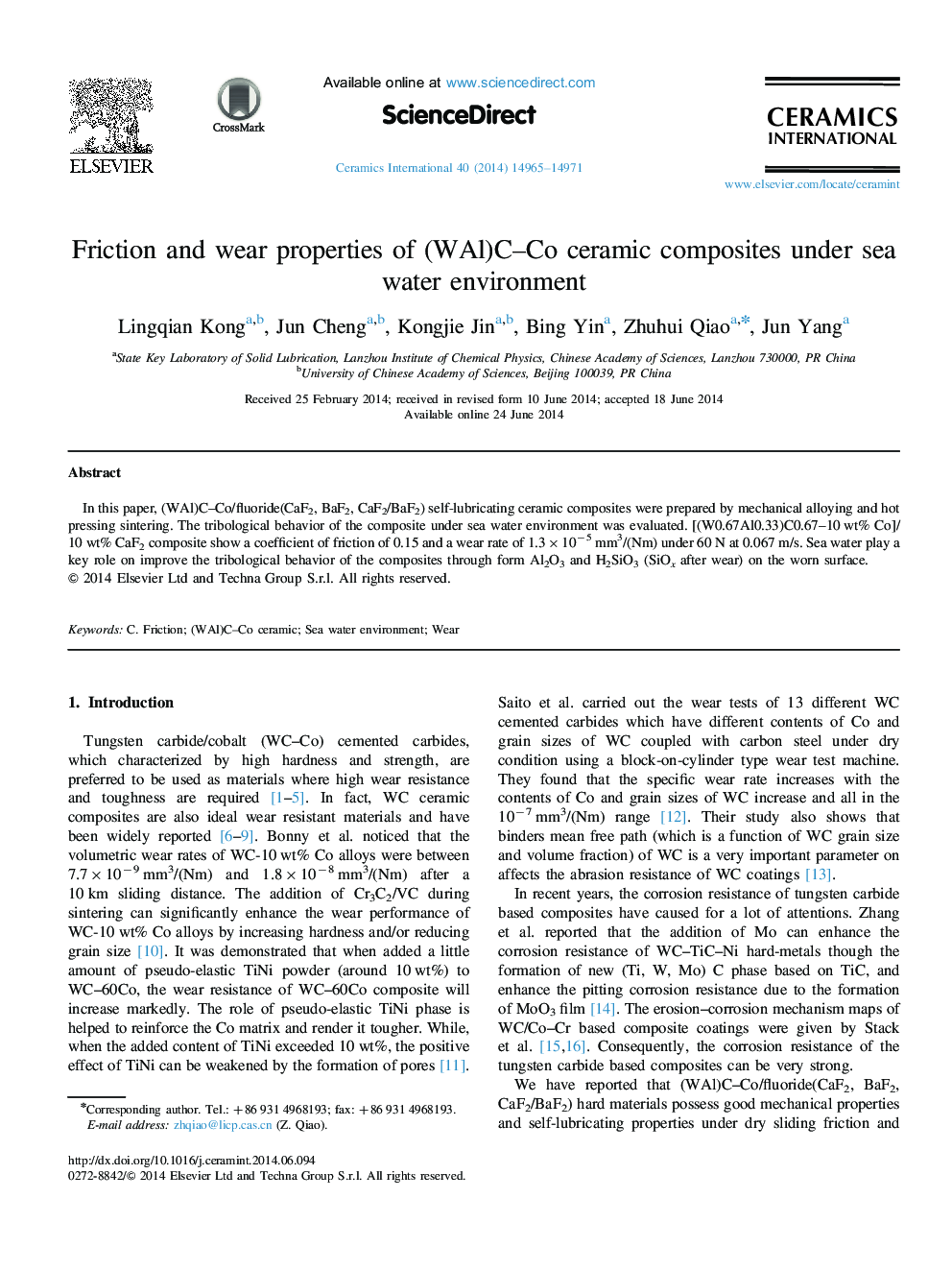 Friction and wear properties of (WAl)C–Co ceramic composites under sea water environment