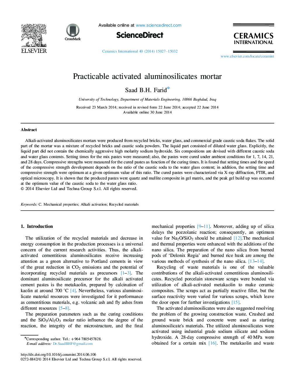 Practicable activated aluminosilicates mortar