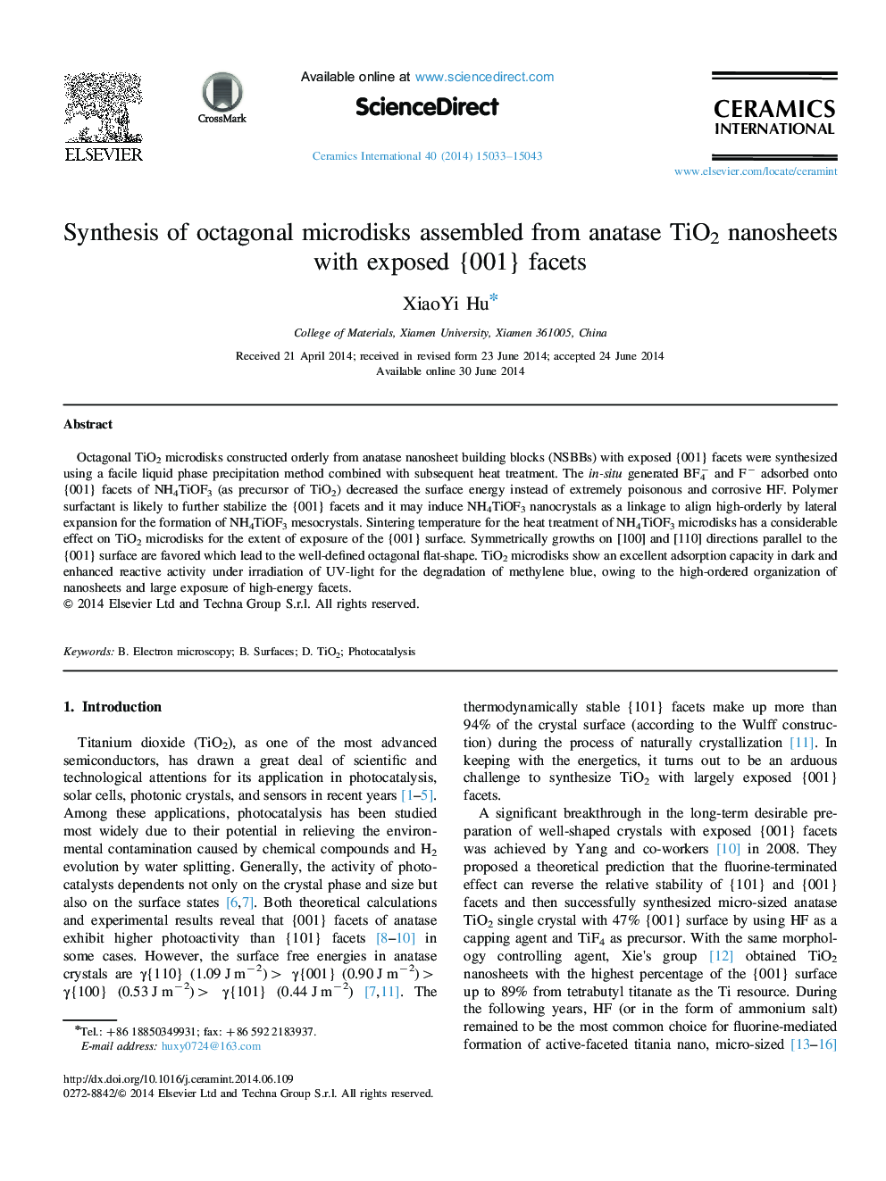 Synthesis of octagonal microdisks assembled from anatase TiO2 nanosheets with exposed {001} facets