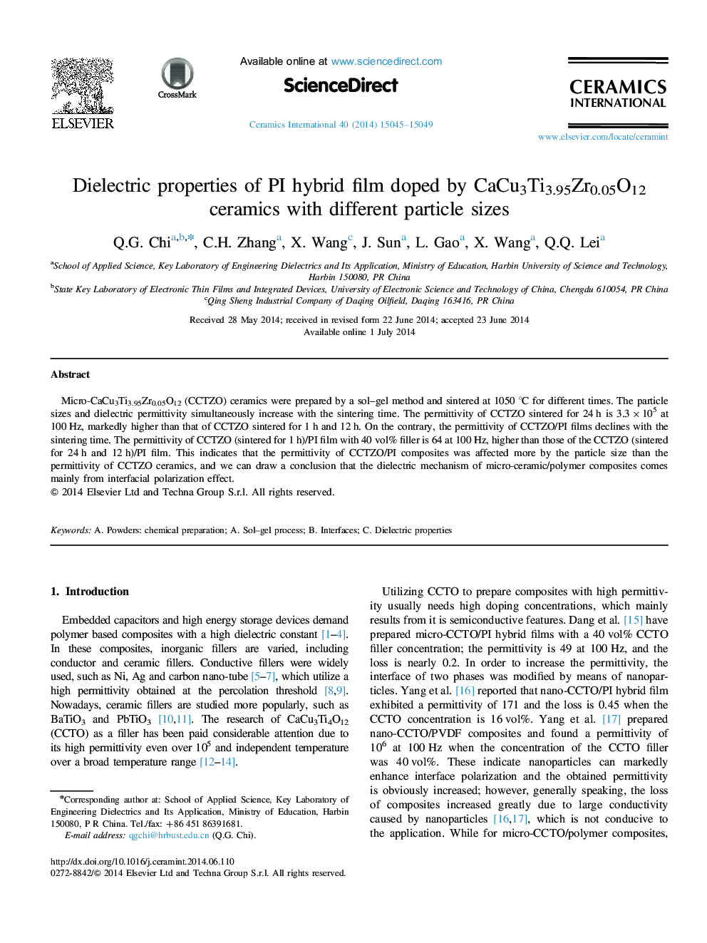 Dielectric properties of PI hybrid film doped by CaCu3Ti3.95Zr0.05O12 ceramics with different particle sizes