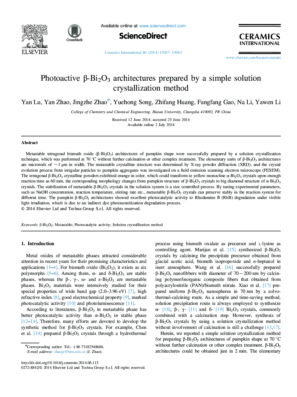 Photoactive β-Bi2O3 architectures prepared by a simple solution crystallization method