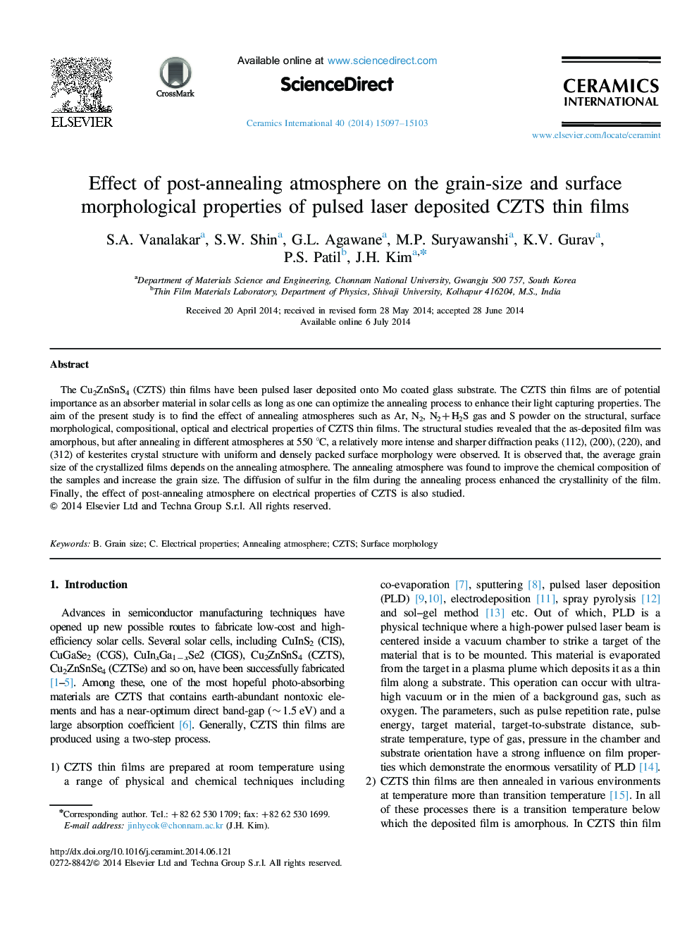 Effect of post-annealing atmosphere on the grain-size and surface morphological properties of pulsed laser deposited CZTS thin films