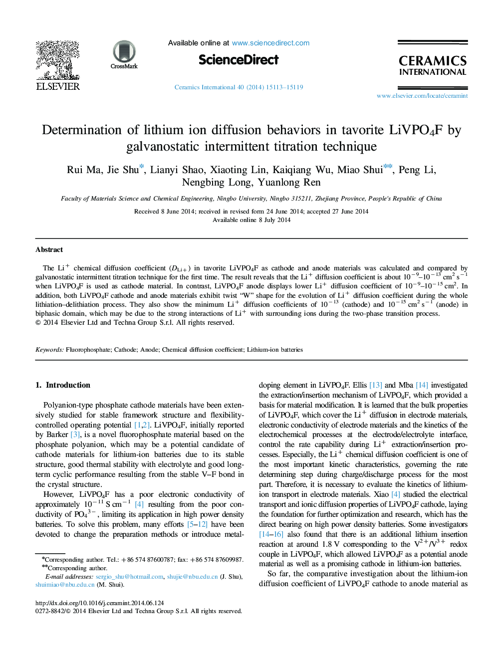 Determination of lithium ion diffusion behaviors in tavorite LiVPO4F by galvanostatic intermittent titration technique