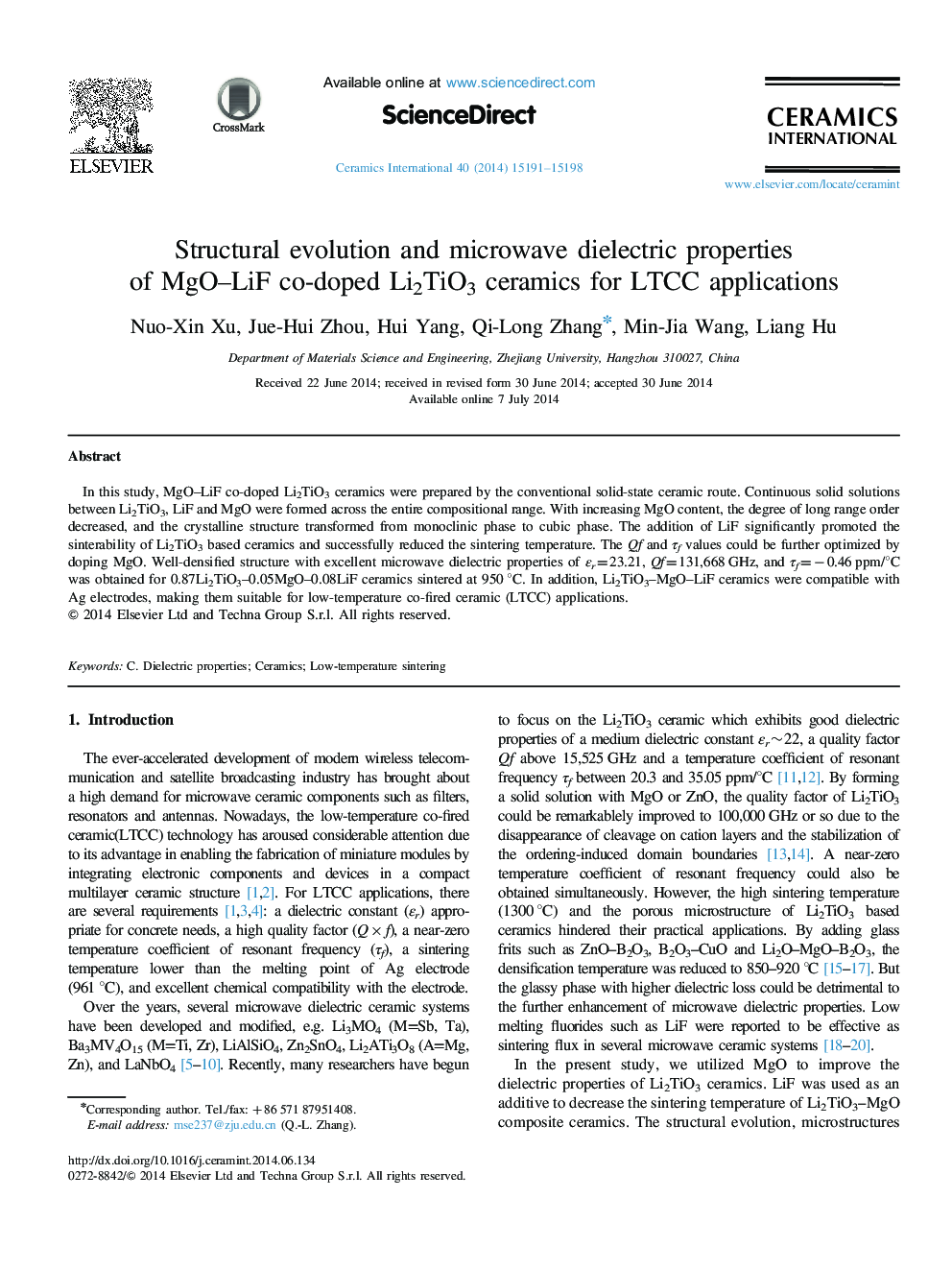 Structural evolution and microwave dielectric properties of MgO–LiF co-doped Li2TiO3 ceramics for LTCC applications