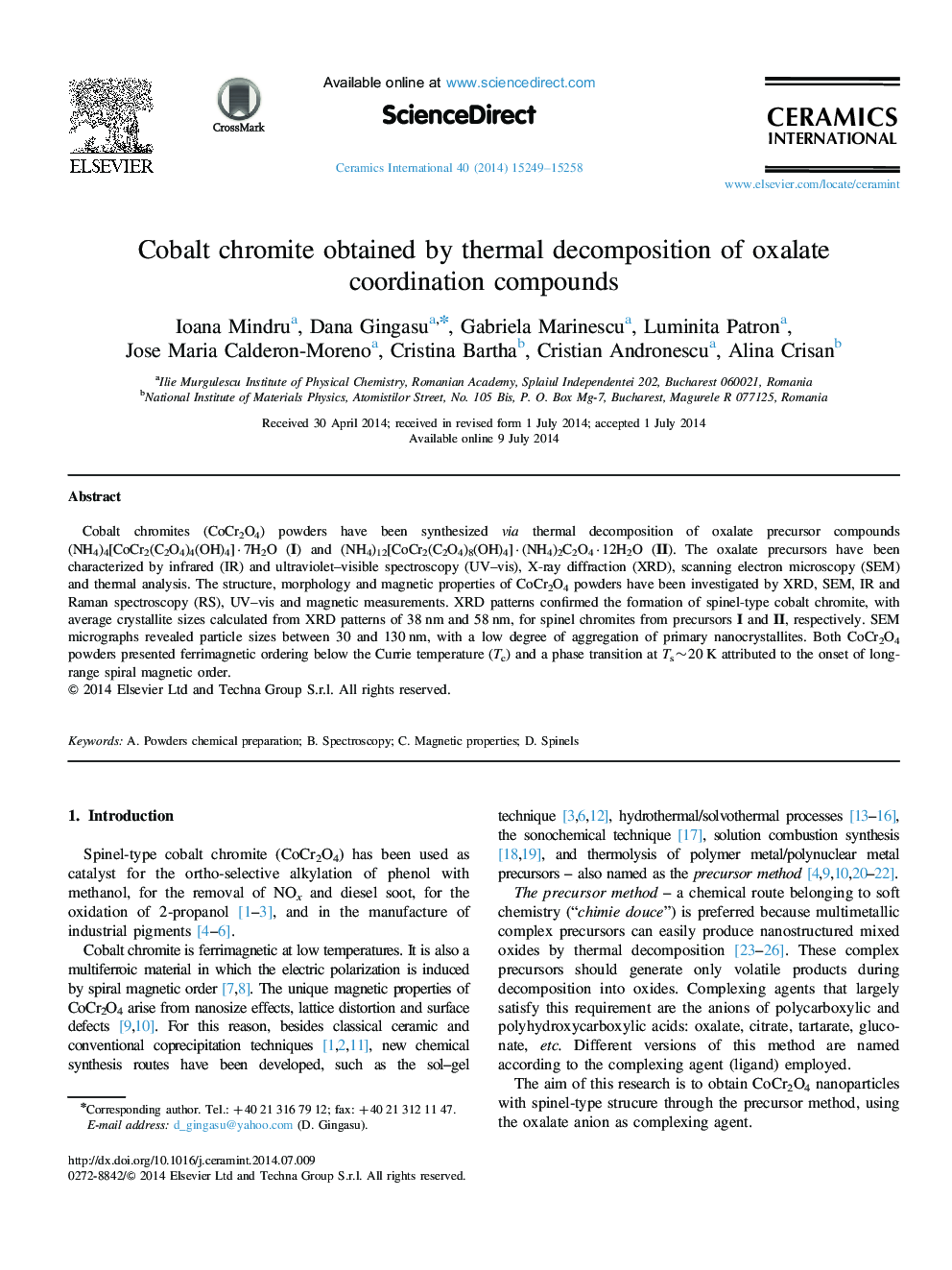 Cobalt chromite obtained by thermal decomposition of oxalate coordination compounds