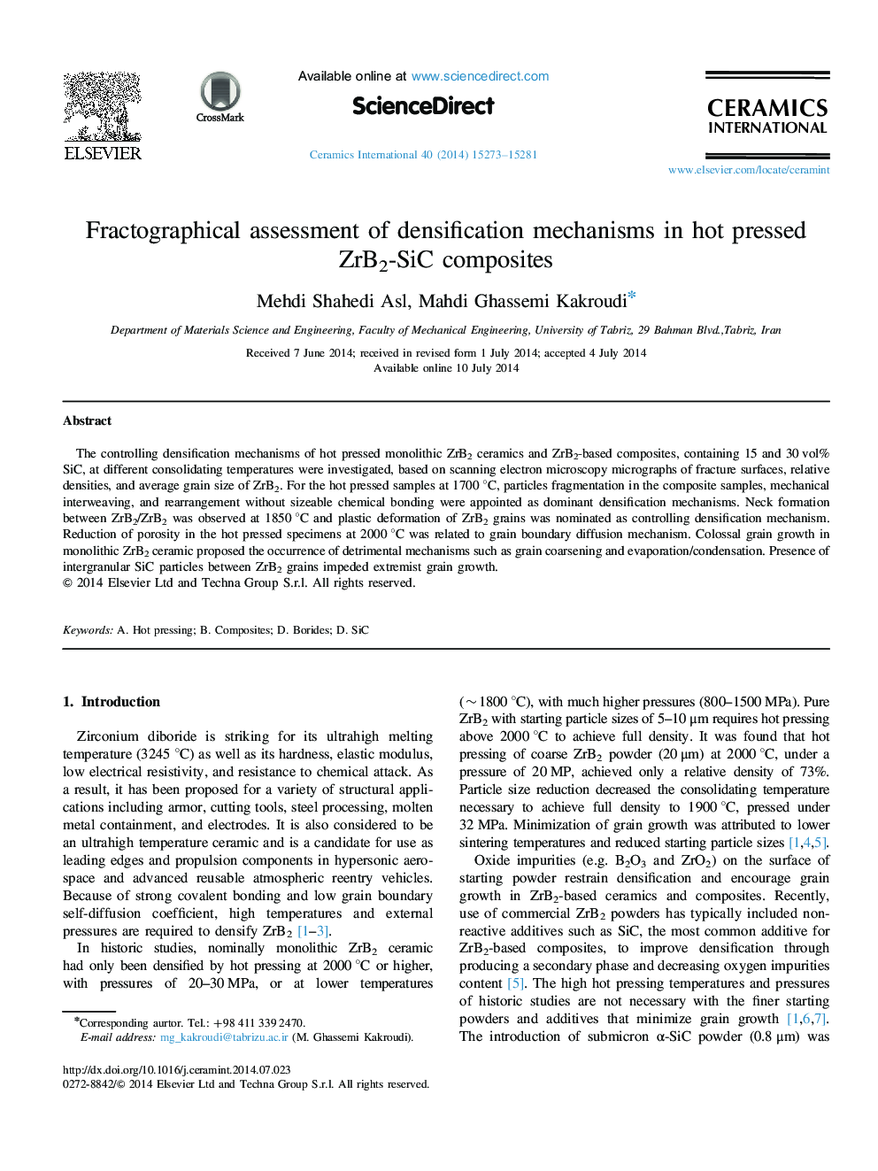 Fractographical assessment of densification mechanisms in hot pressed ZrB2-SiC composites