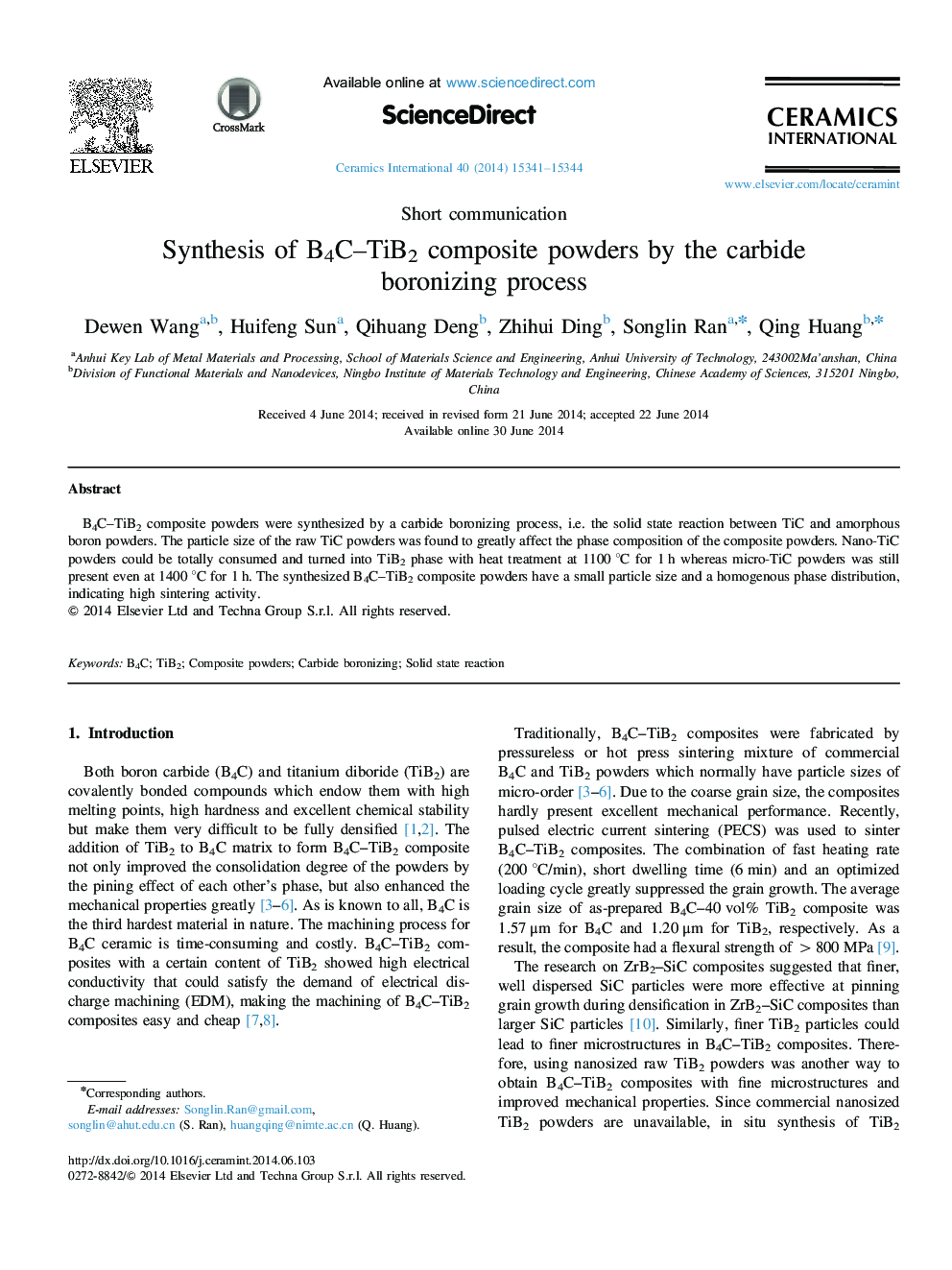 Synthesis of B4C–TiB2 composite powders by the carbide boronizing process