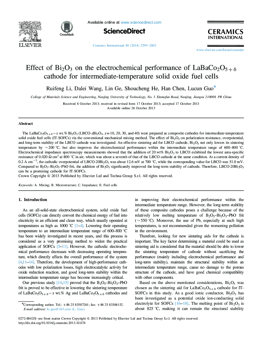 عکس صفحه اول مقاله: Effect of Bi2O3 on the electrochemical performance of LaBaCo2O5+δ cathode for intermediate-temperature solid oxide fuel cells Effect of Bi2O3 on the electrochemical performance of LaBaCo2O5+δ cathode for intermediate-temperature solid oxide fuel cells