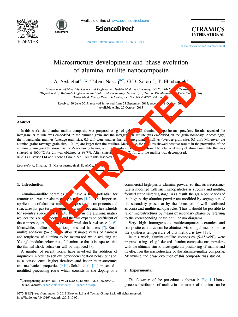 RETRACTED: Microstructure development and phase evolution of alumina–mullite nanocomposite