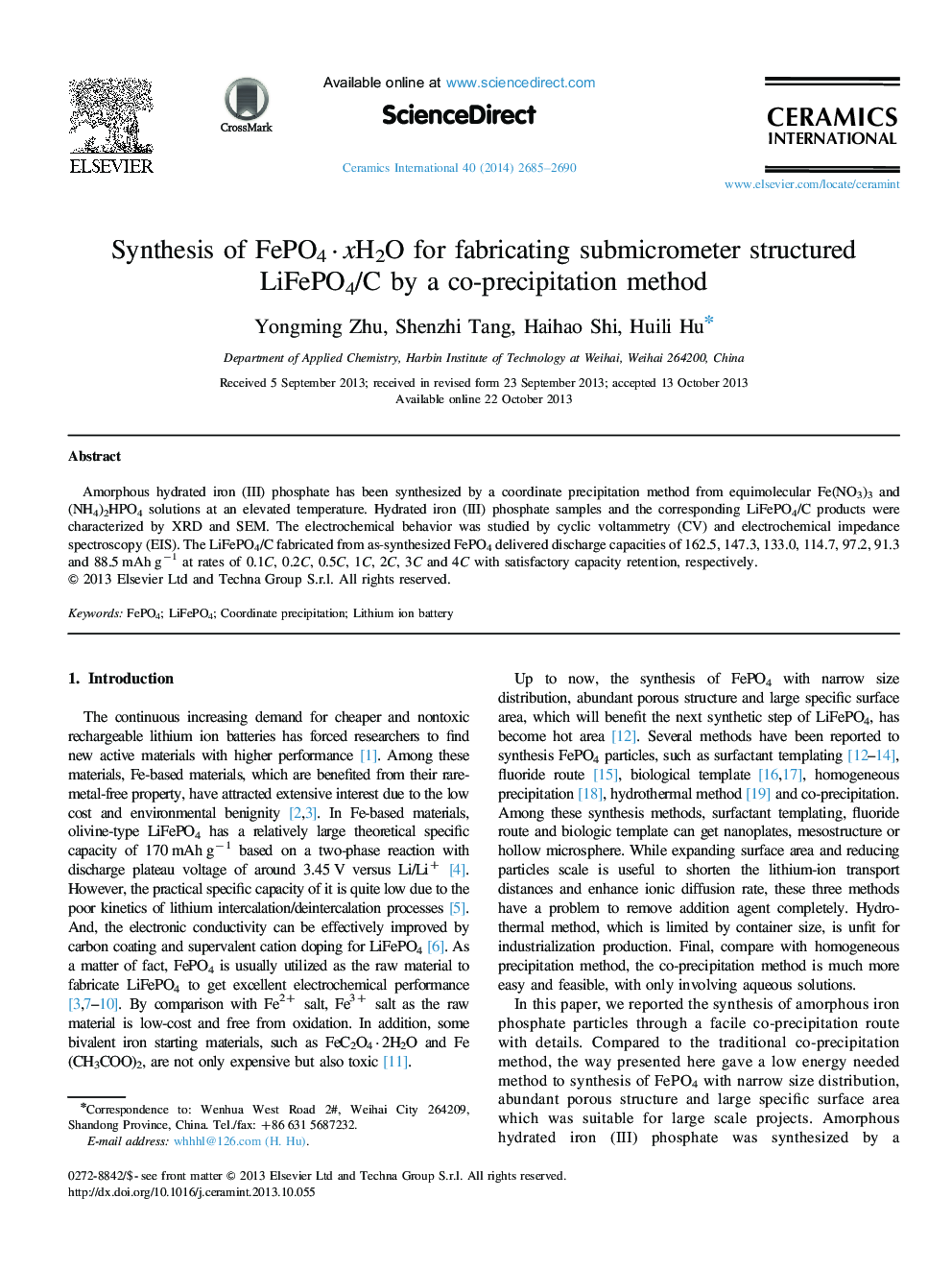 عکس صفحه اول مقاله: Synthesis of FePO4·xH2O for fabricating submicrometer structured LiFePO4/C by a co-precipitation method Synthesis of FePO4·xH2O for fabricating submicrometer structured LiFePO4/C by a co-precipitation method