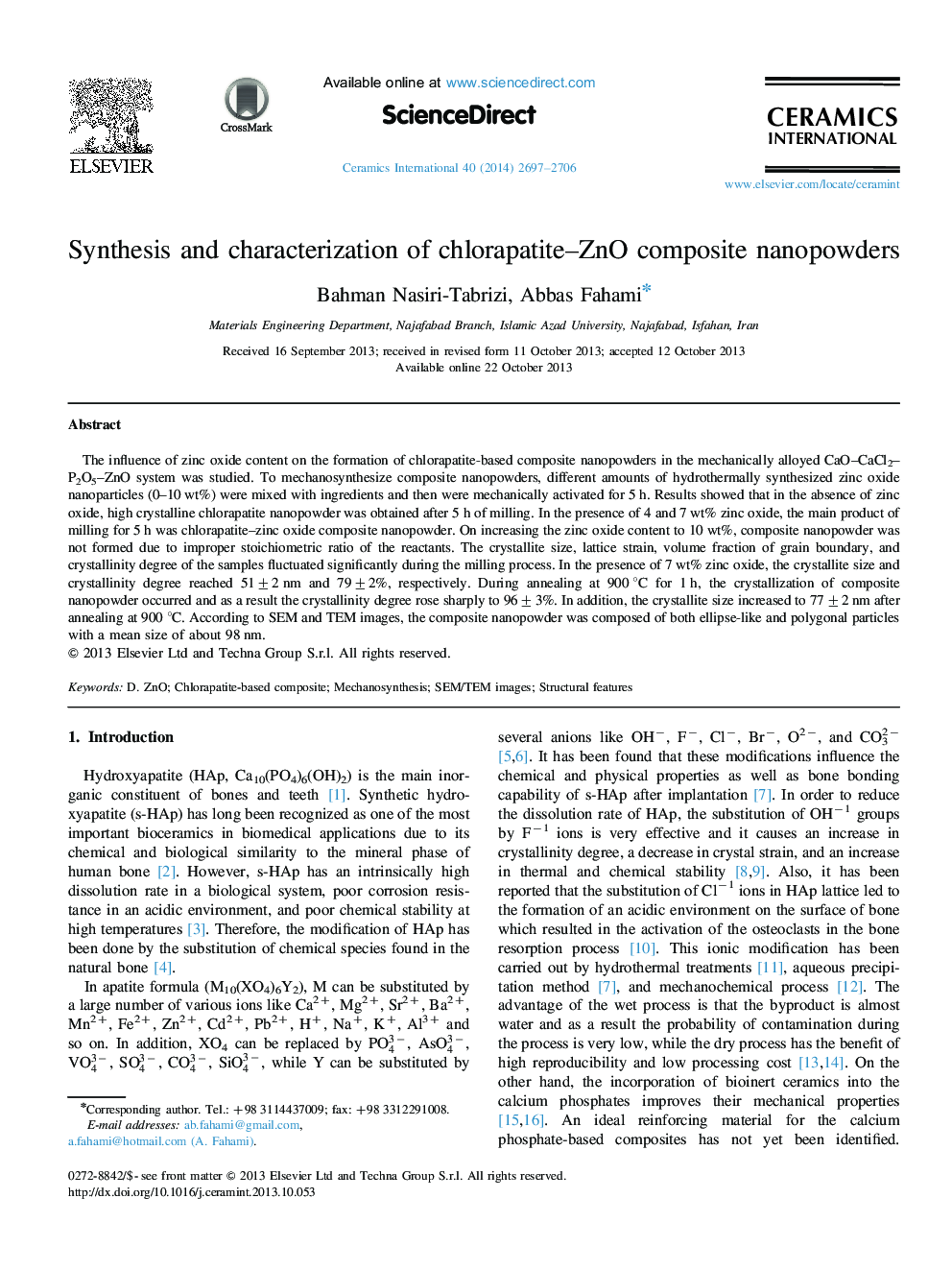 عکس صفحه اول مقاله: Synthesis and characterization of chlorapatite–ZnO composite nanopowders Synthesis and characterization of chlorapatite–ZnO composite nanopowders