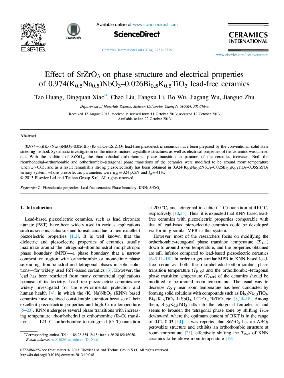 Effect of SrZrO3 on phase structure and electrical properties of 0.974(K0.5Na0.5)NbO3–0.026Bi0.5K0.5TiO3 lead-free ceramics