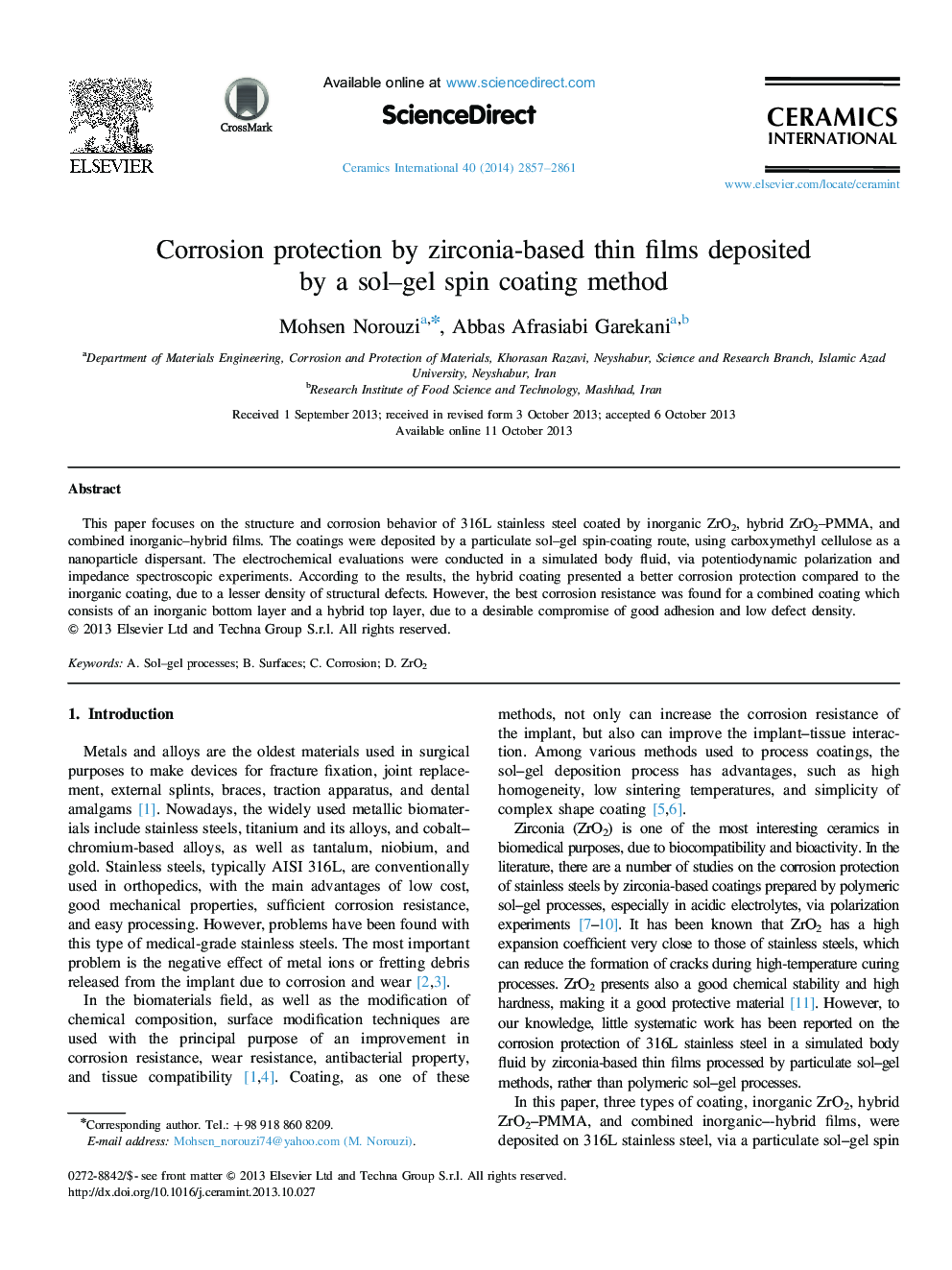 Corrosion protection by zirconia-based thin films deposited by a sol–gel spin coating method