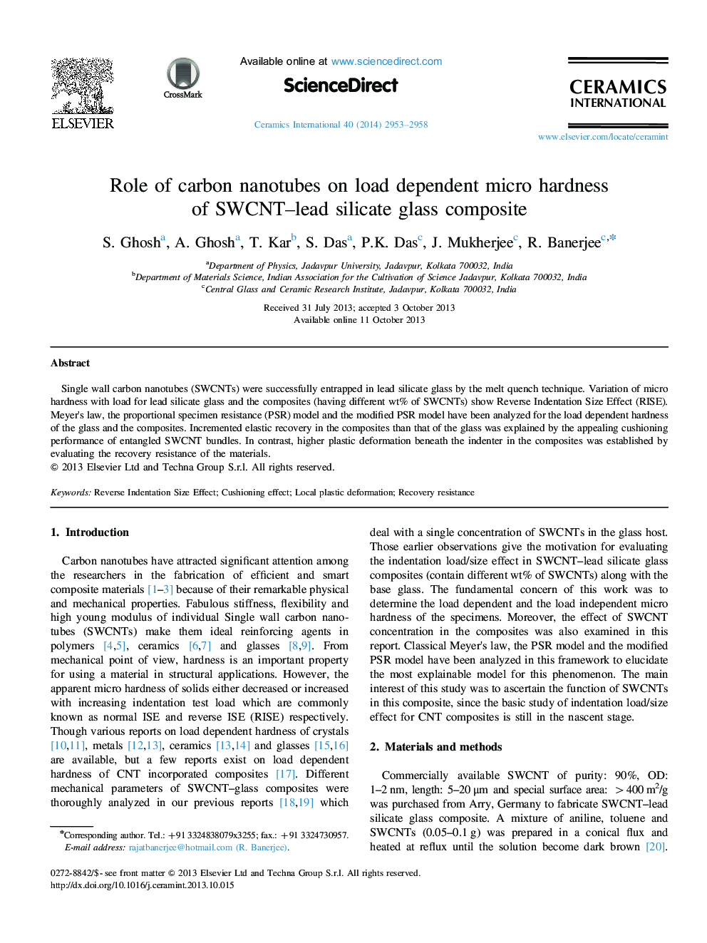 Role of carbon nanotubes on load dependent micro hardness of SWCNT–lead silicate glass composite