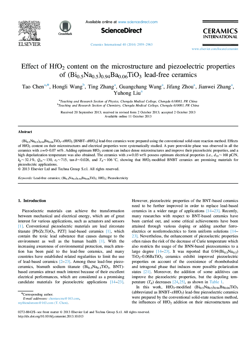 Effect of HfO2 content on the microstructure and piezoelectric properties of (Bi0.5Na0.5)0.94Ba0.06TiO3 lead-free ceramics