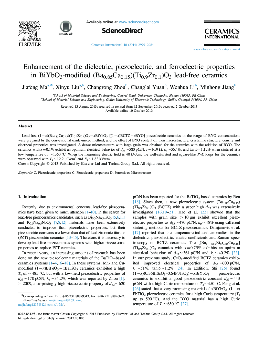 Enhancement of the dielectric, piezoelectric, and ferroelectric properties in BiYbO3-modified (Ba0.85Ca0.15)(Ti0.9Zr0.1)O3 lead-free ceramics